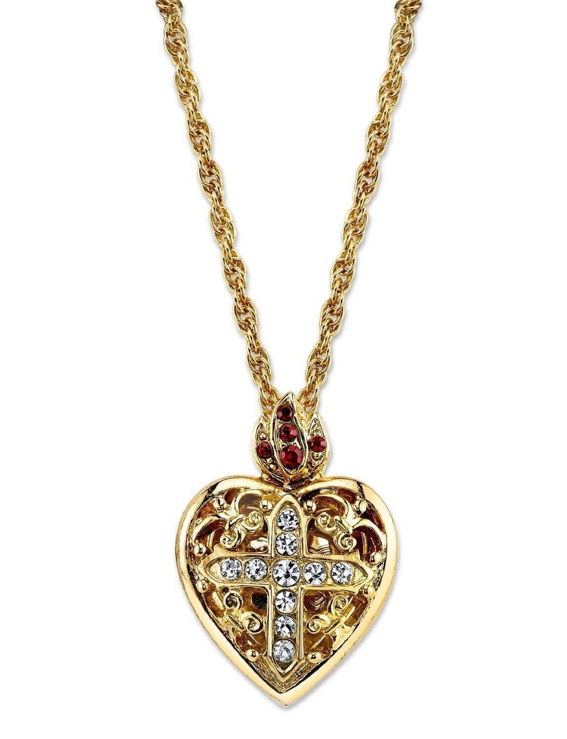 Symbols Of Faith Red & Clear Crystal Heart Cross Locket Necklace 18"