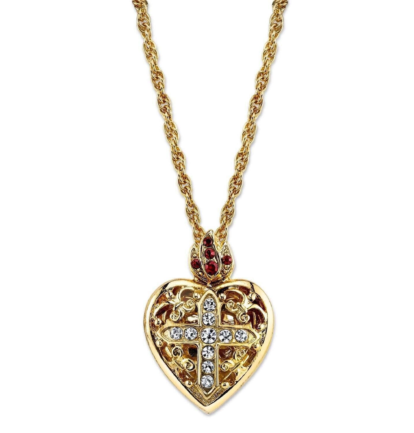 Symbols Of Faith Red & Clear Crystal Heart Cross Locket Necklace 18"