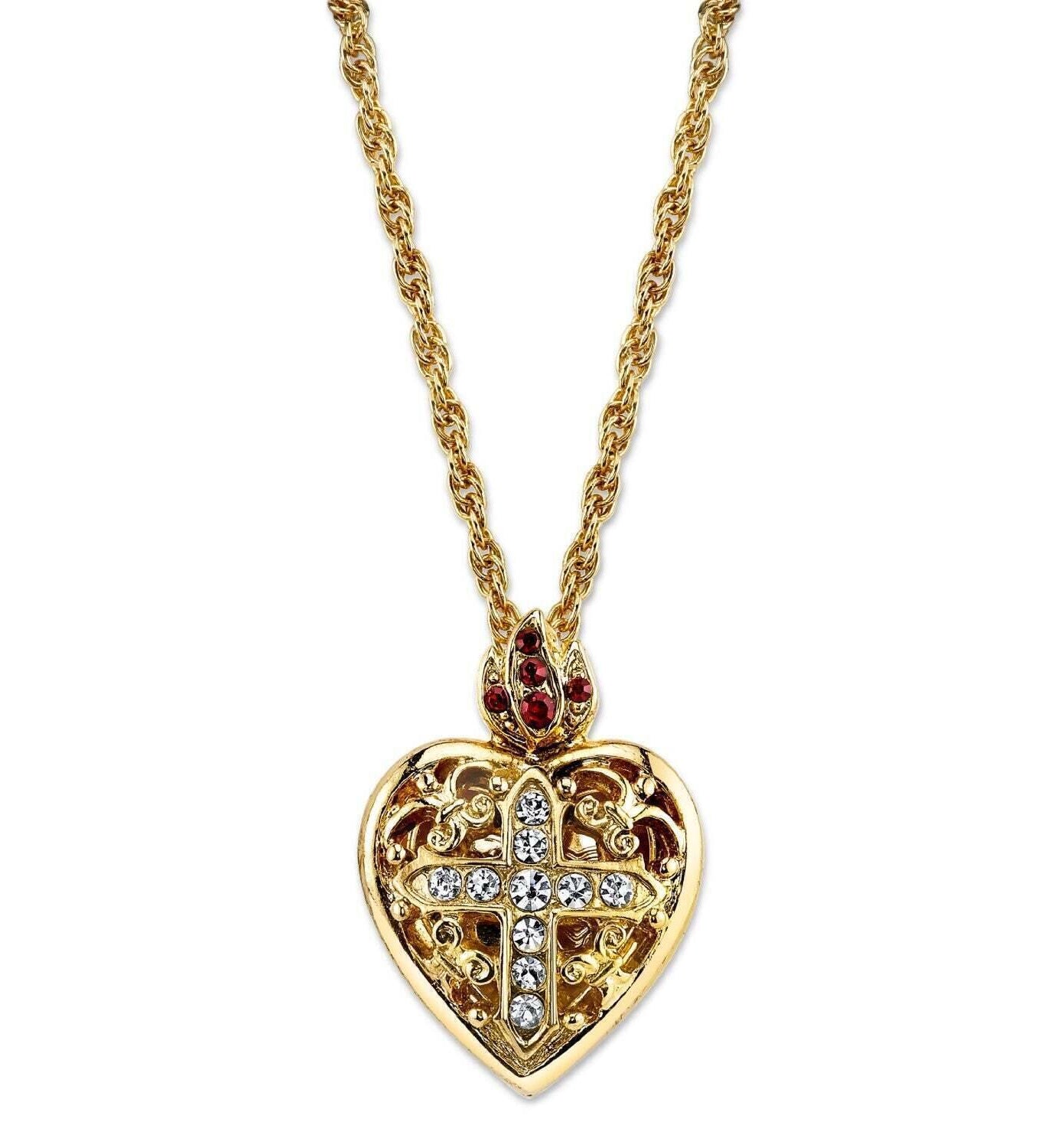 Symbols Of Faith Red & Clear Crystal Heart Cross Locket Necklace 18"