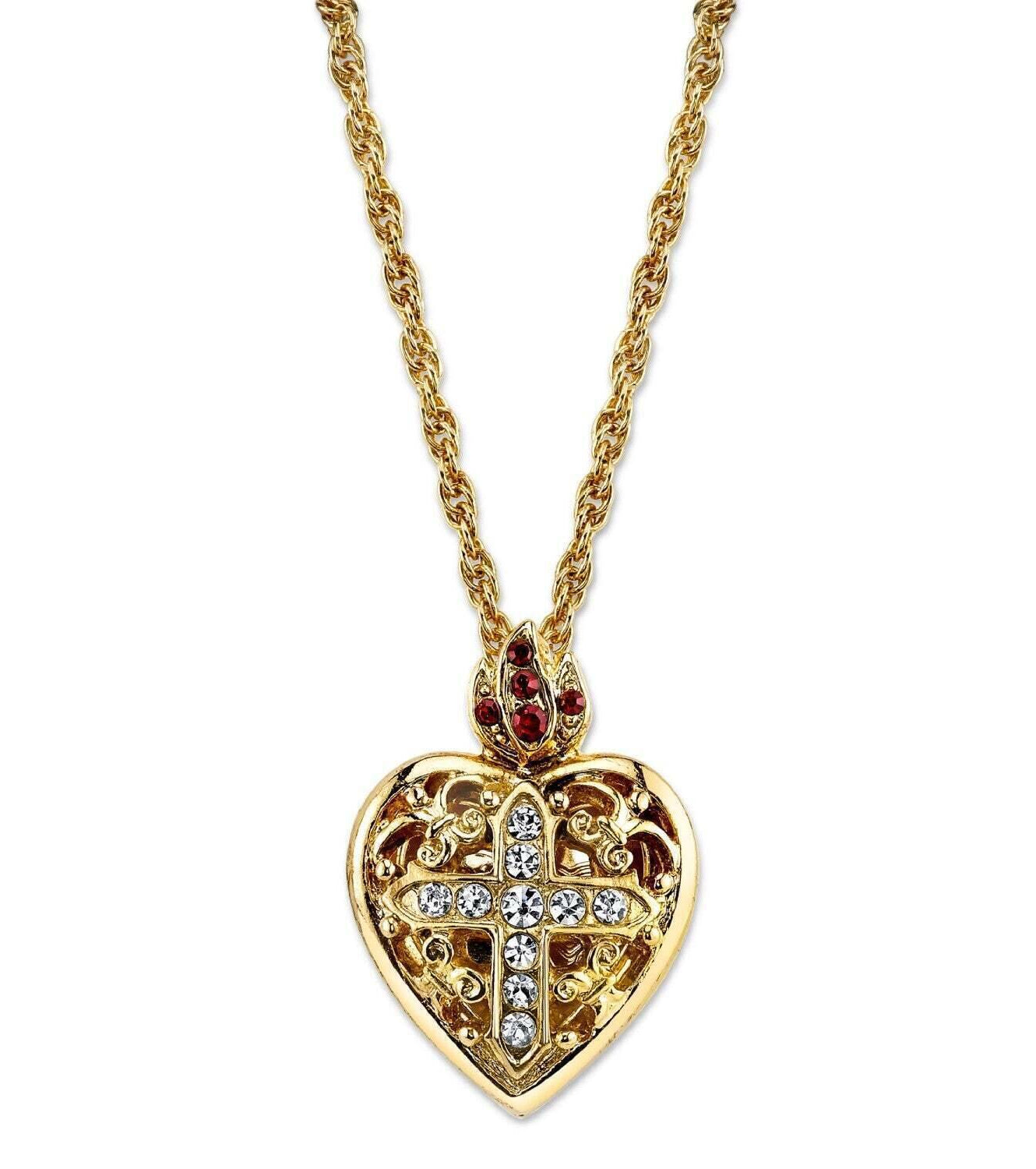 Symbols Of Faith Red & Clear Crystal Heart Cross Locket Necklace 18"