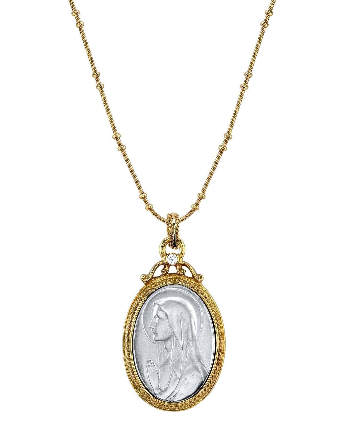 Symbols Of Faith Two Tone Virgin Mary Medallion With Crystal Accent Pendant Necklace 20"