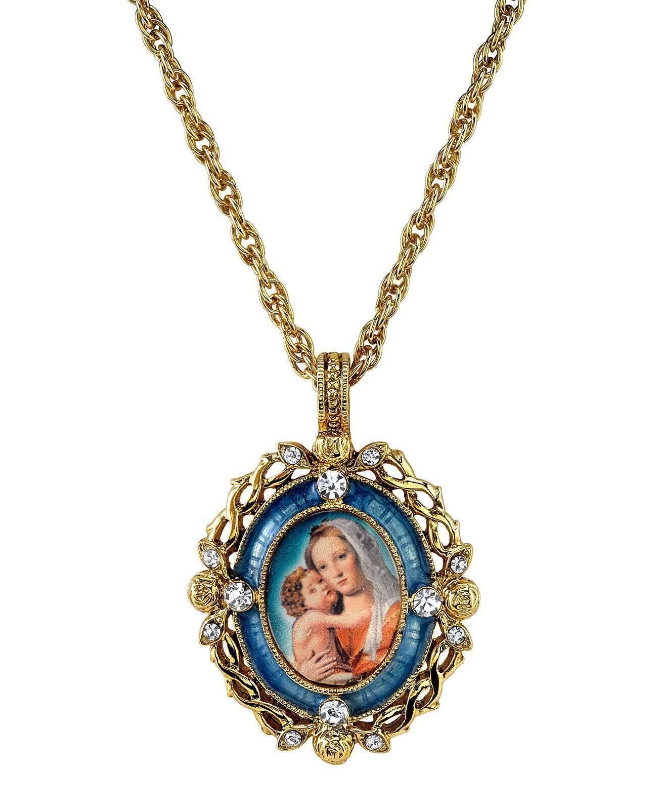 Symbols Of Faith Crystal Blue Enamel Mary And Child Pendant Necklace 24"