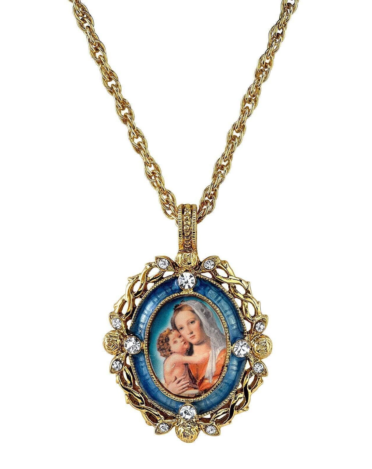 Symbols Of Faith Crystal Blue Enamel Mary And Child Pendant Necklace 24"