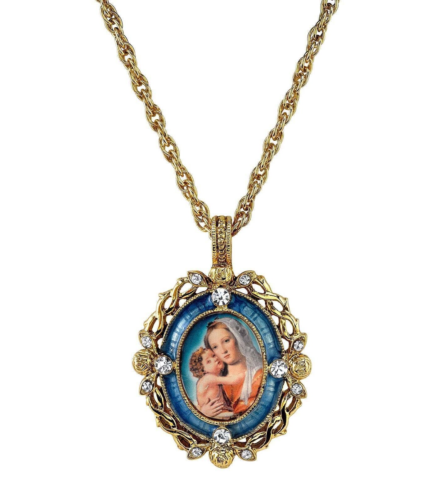 Symbols Of Faith Crystal Blue Enamel Mary And Child Pendant Necklace 24"