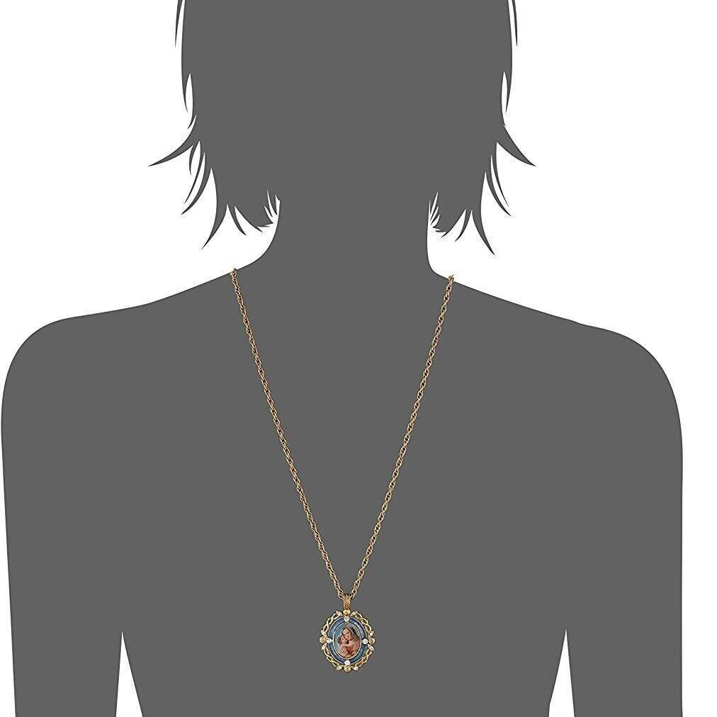 Symbols Of Faith Crystal Blue Enamel Mary And Child Pendant Necklace 24"