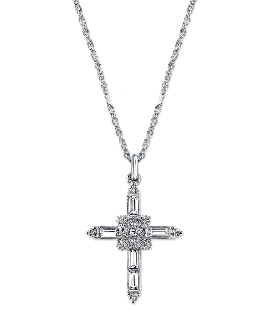 Inspirations Silver Tone Crystal Cross Pendant Necklace, 18