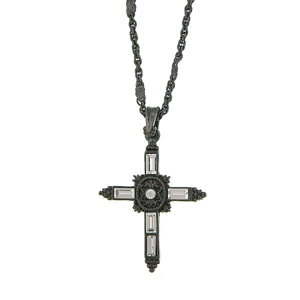 Black Tone Black Crystal Cross Pendant Necklace 18 In