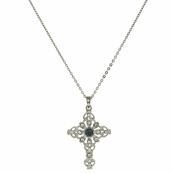Silver Tone Blue And Crystal Cross Necklace 16   19 Inch Adjustable