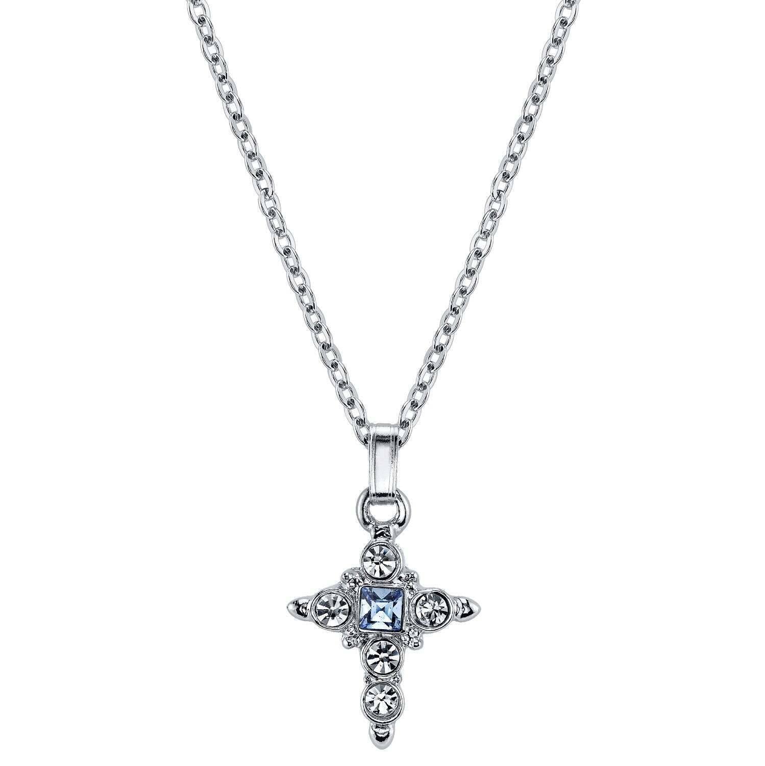 Symbols Of Faith Light Blue Crystal Cross Pendant Necklace 16" + 3" Extender