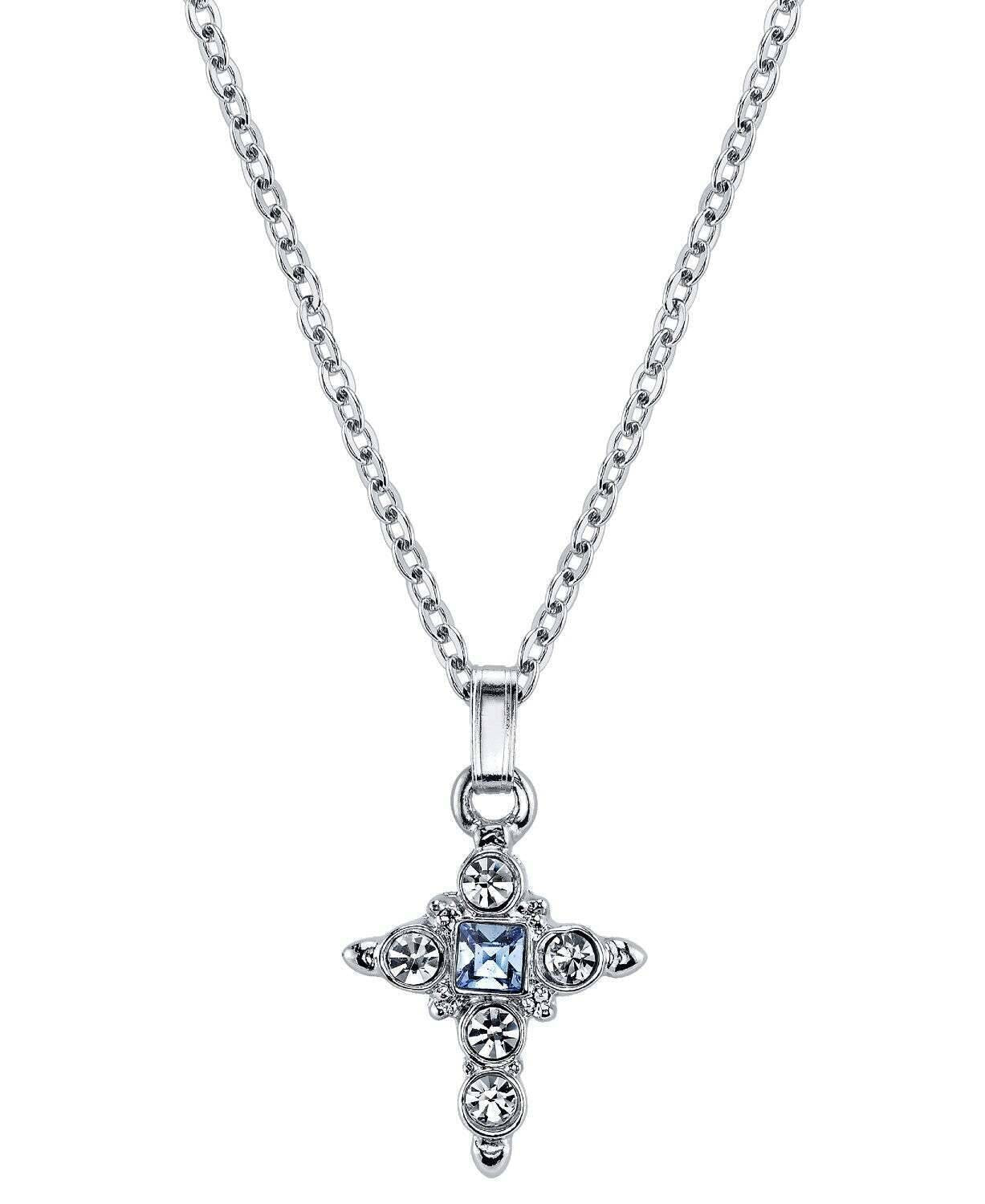 Symbols Of Faith Light Blue Crystal Cross Pendant Necklace 16" + 3" Extender