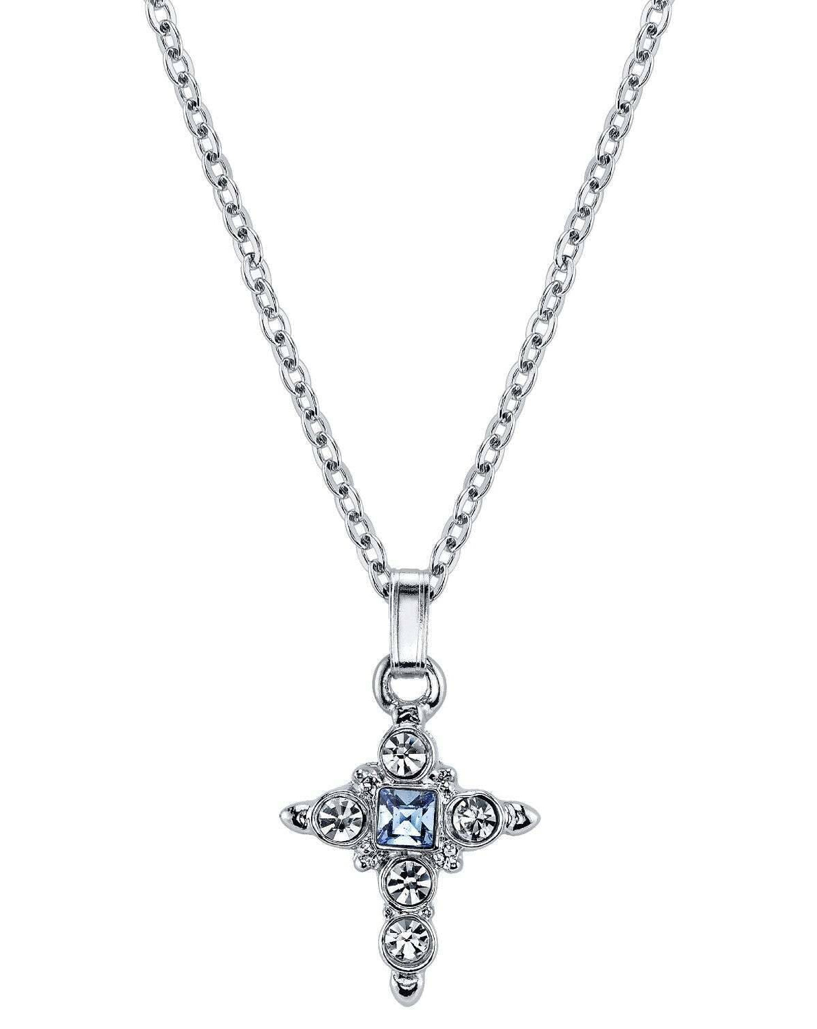 Symbols Of Faith Light Blue Crystal Cross Pendant Necklace 16" + 3" Extender