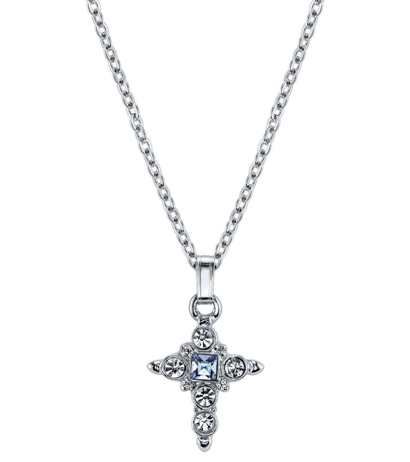 Symbols Of Faith Light Blue Crystal Cross Pendant Necklace 16" + 3" Extender
