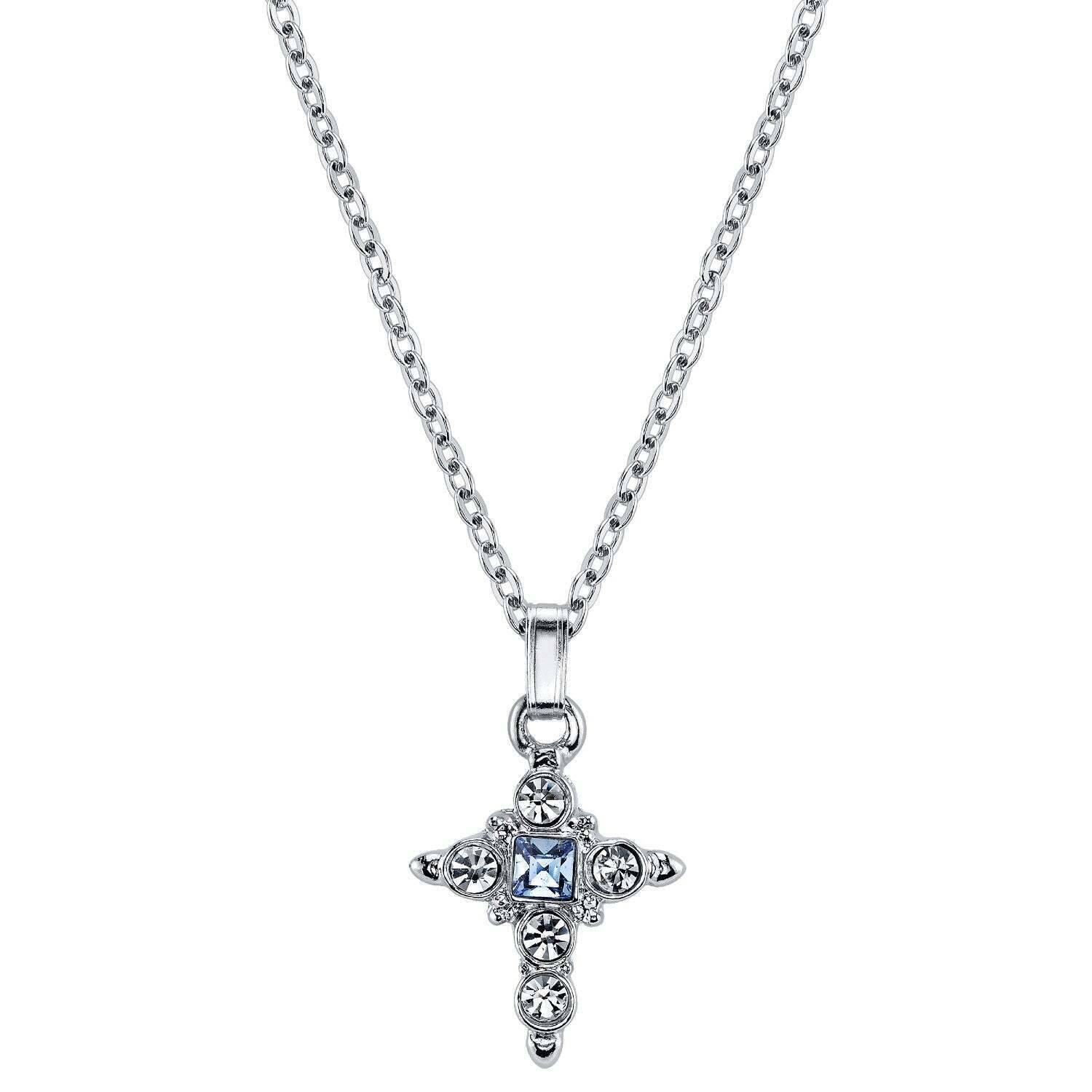Symbols Of Faith Light Blue Crystal Cross Pendant Necklace 16" + 3" Extender