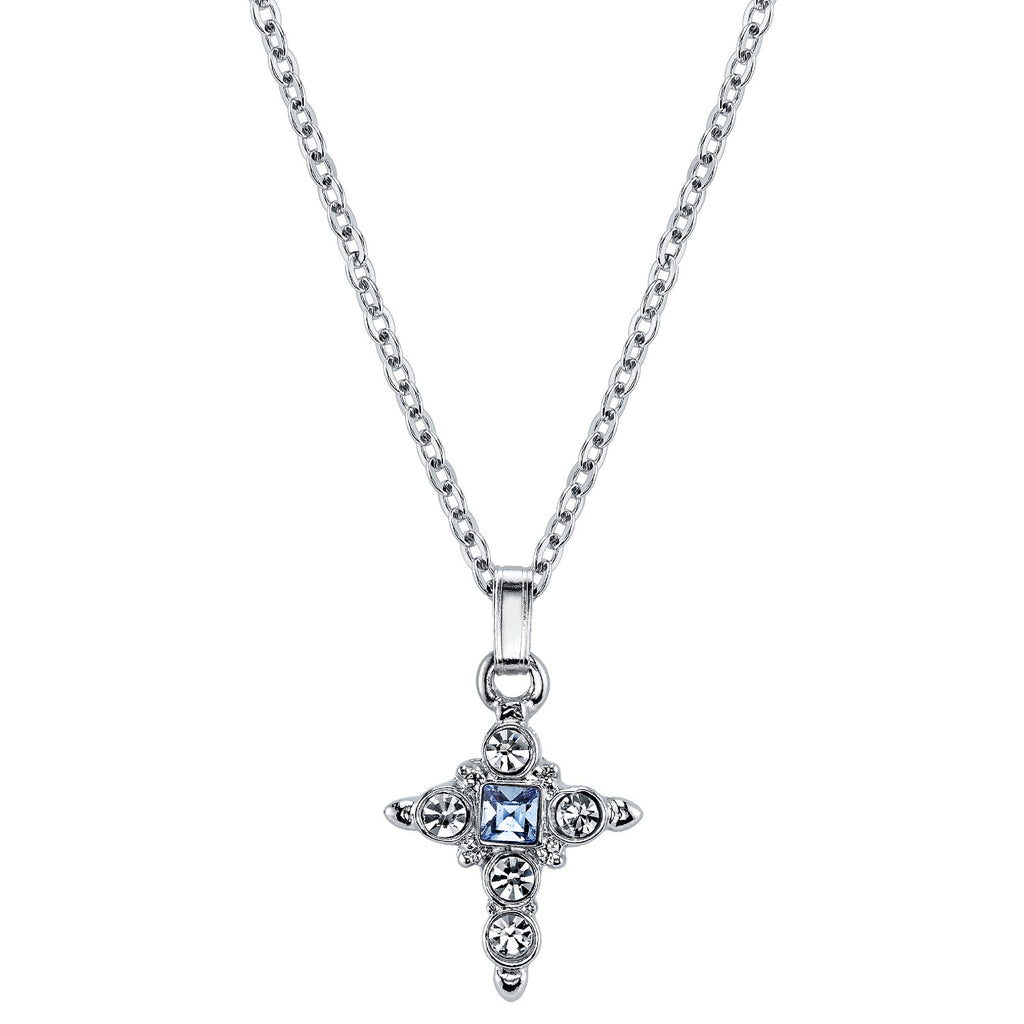 Silver Tone Light Blue Crystal Cross Pendant Necklace 16   19 Inch Adjustable