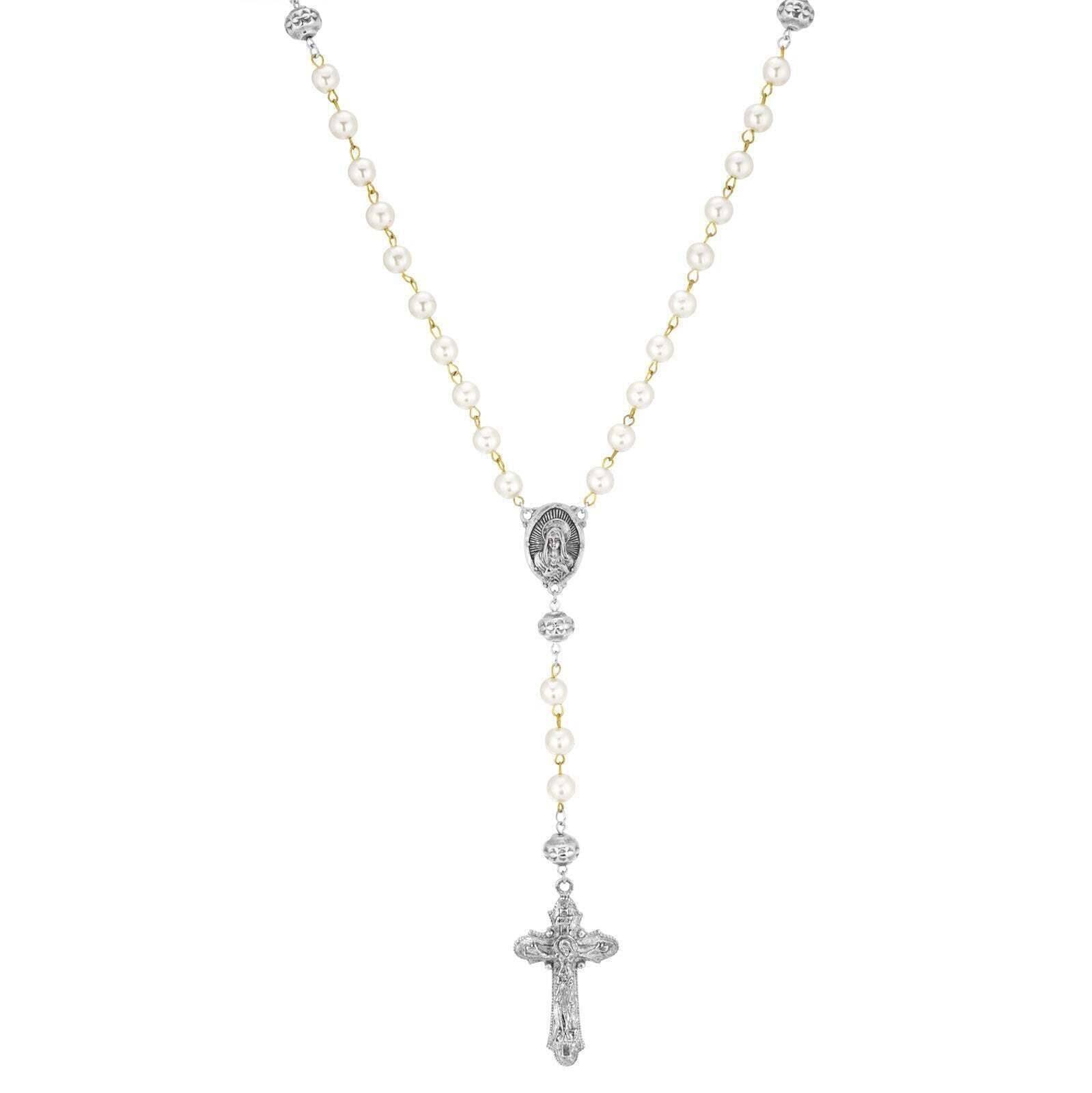 Symbols Of Faith White Faux Pearl Antiqued Crucifix Cross Rosary