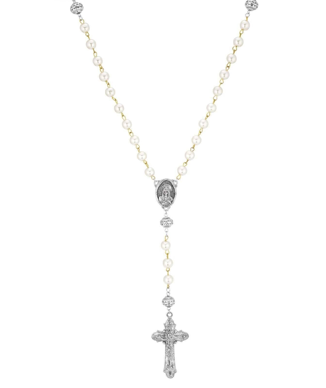 Symbols Of Faith White Faux Pearl Antiqued Crucifix Cross Rosary