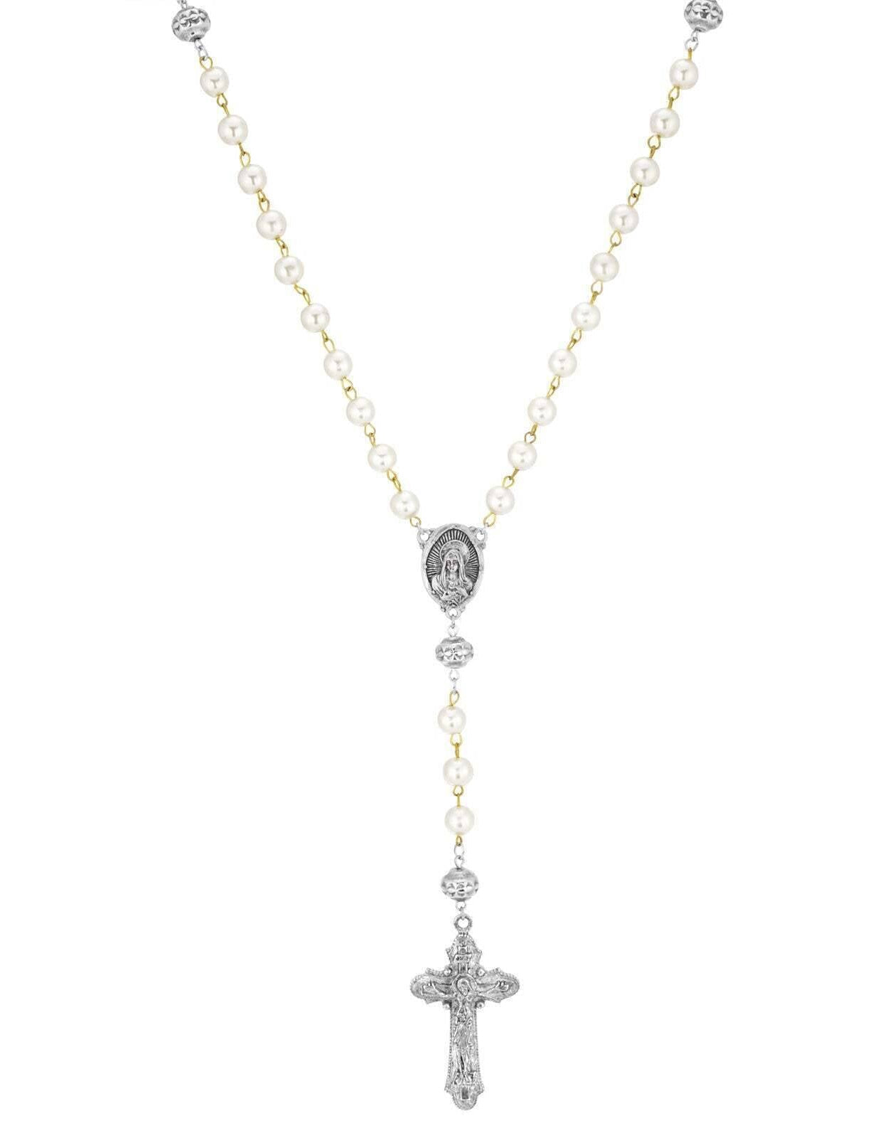Symbols Of Faith White Faux Pearl Antiqued Crucifix Cross Rosary