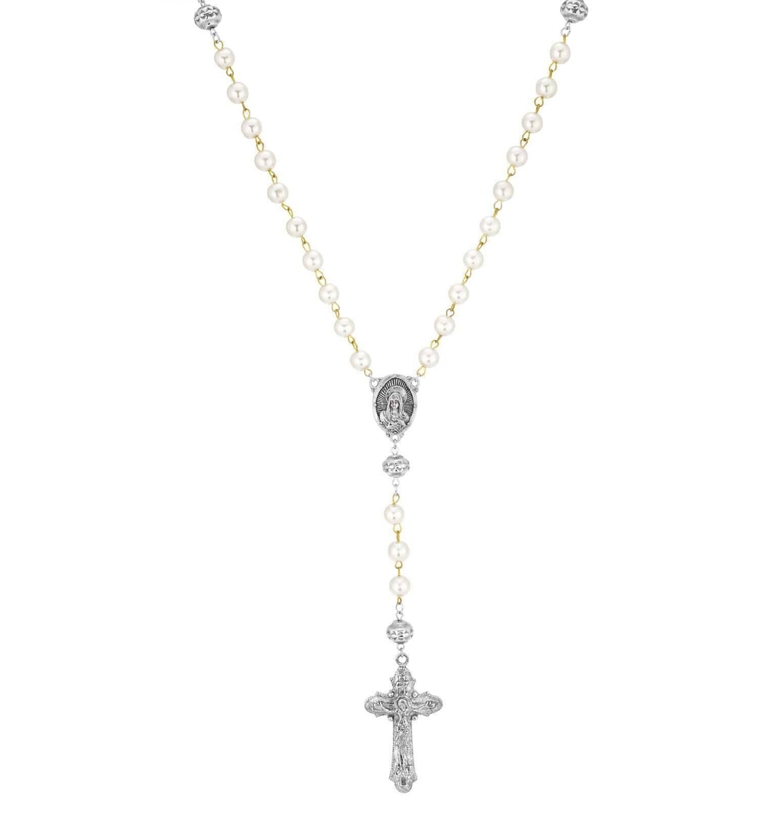 Symbols Of Faith White Faux Pearl Antiqued Crucifix Cross Rosary