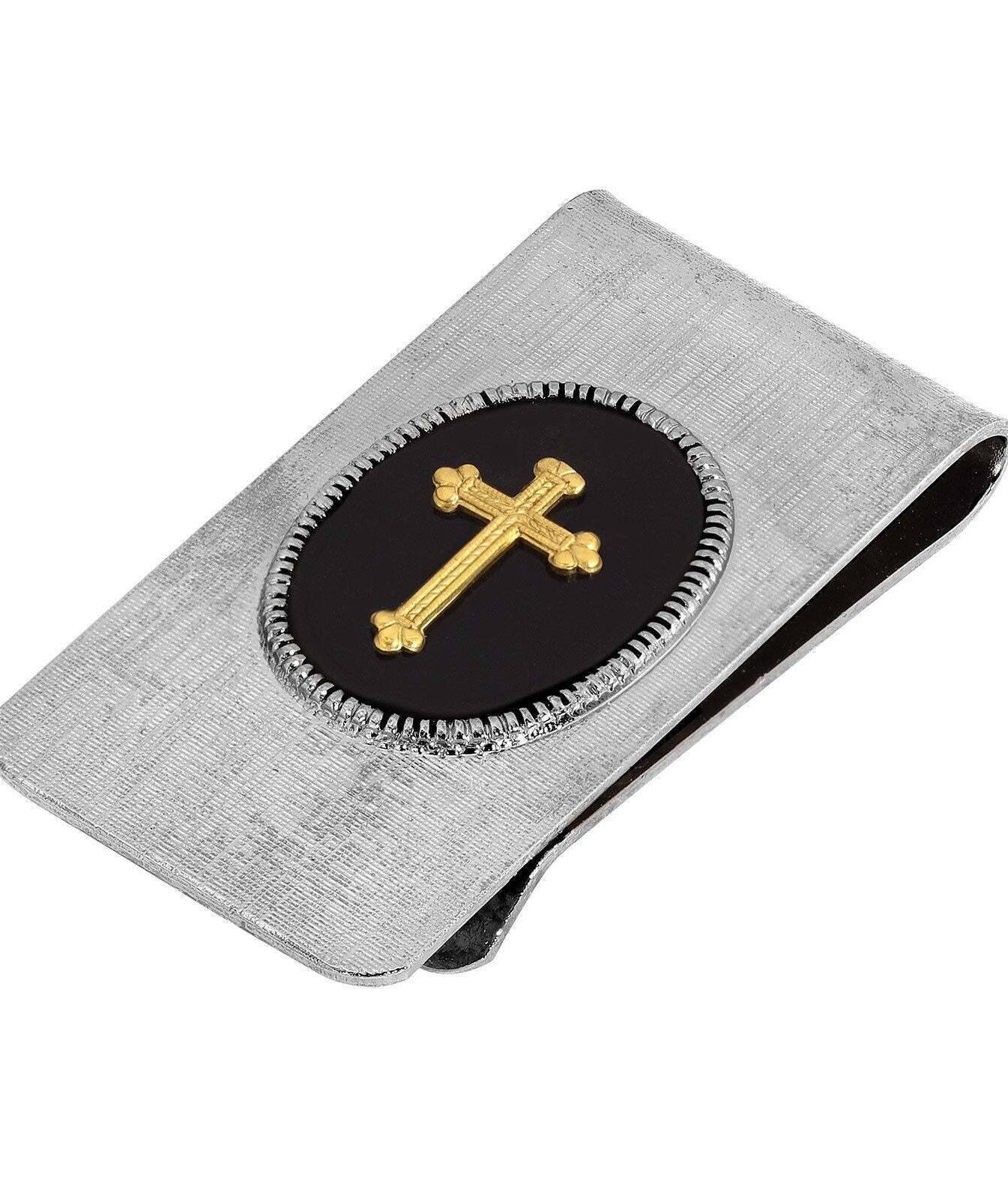 Symbols Of Faith Oval Black Enamel Cross Men's Money Clip