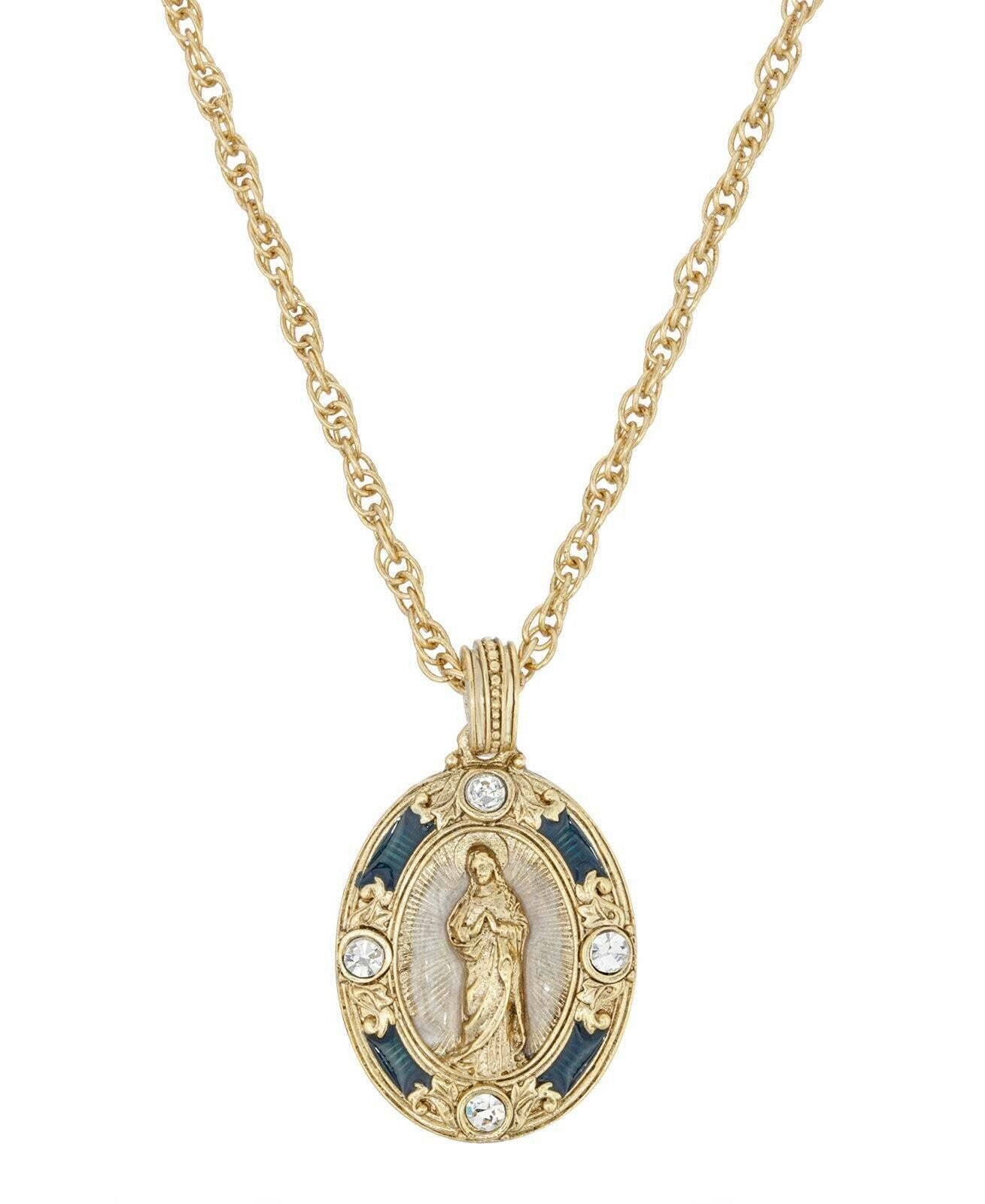 Symbols Of Faith Blue Enamel Virgin Mary Immaculate Pendant Necklace 18"