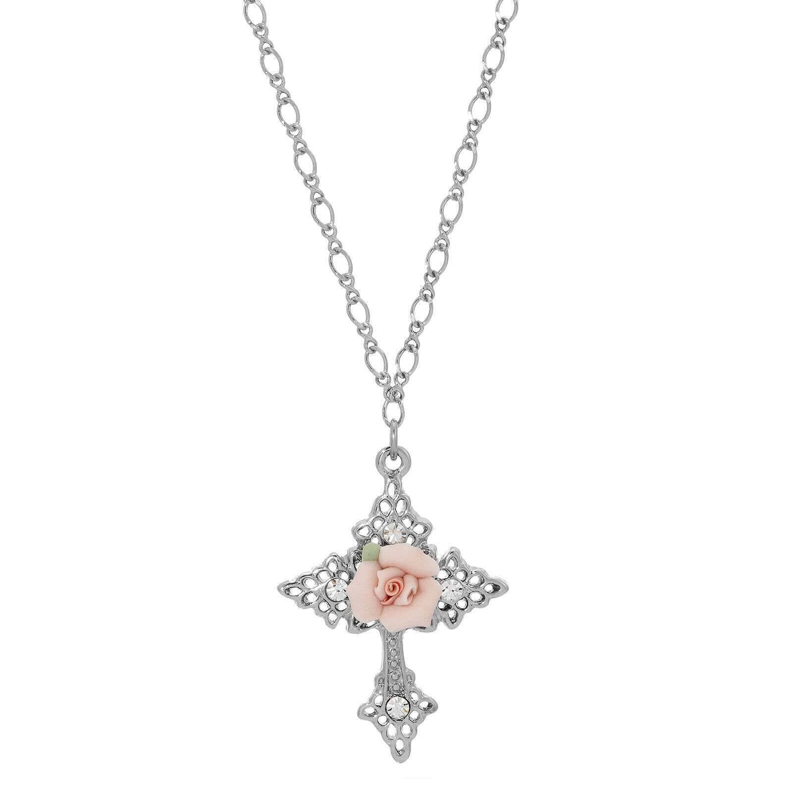 Symbols Of Faith Crystal And Porcelain Rose Cross Pendant Necklace 18"