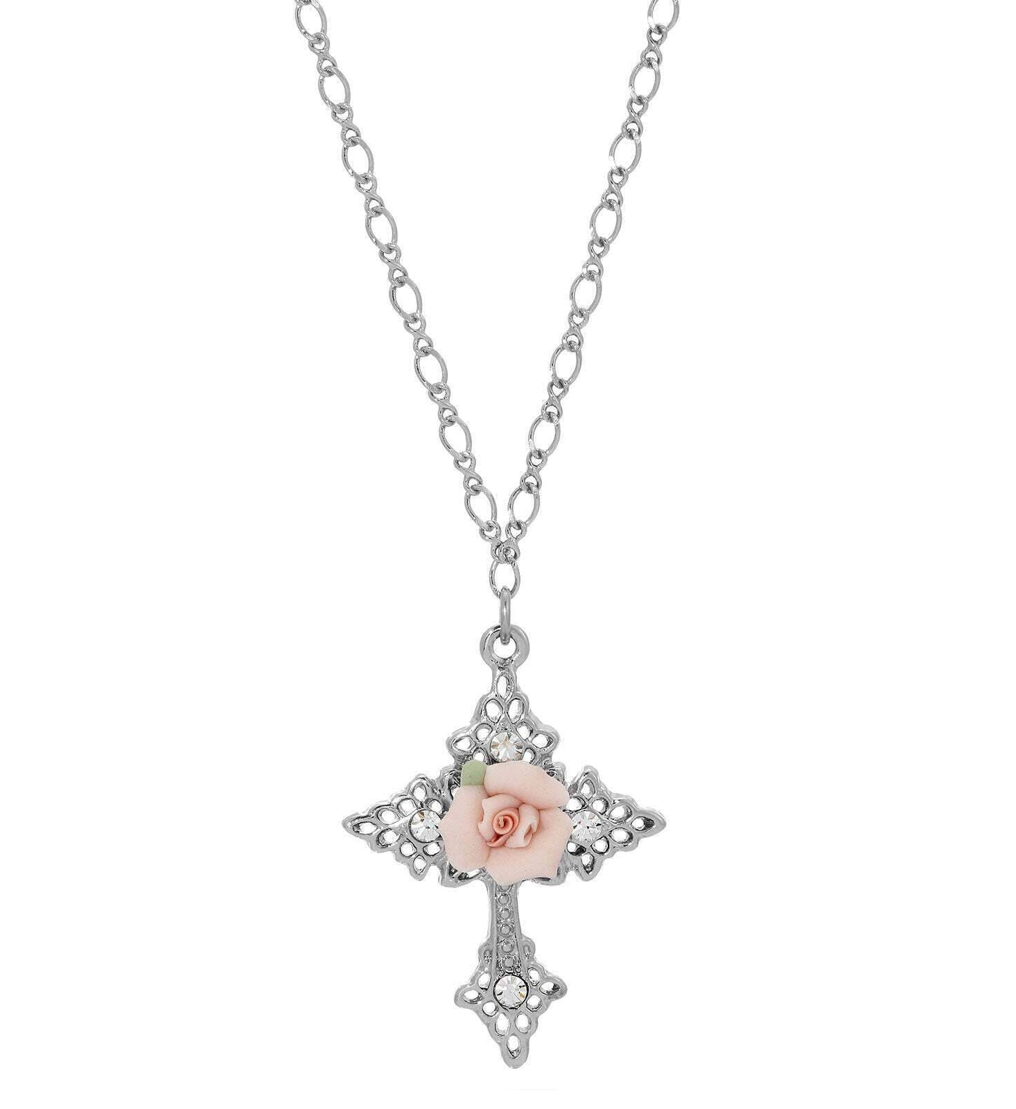 Symbols Of Faith Crystal And Porcelain Rose Cross Pendant Necklace 18"