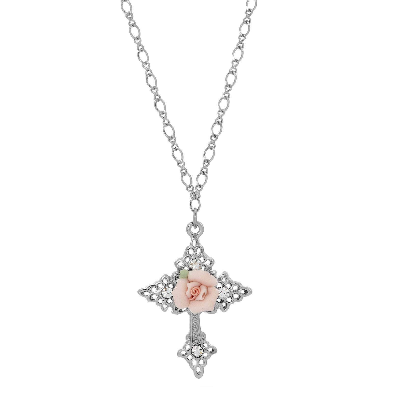Symbols Of Faith Crystal And Porcelain Rose Cross Pendant Necklace 18"