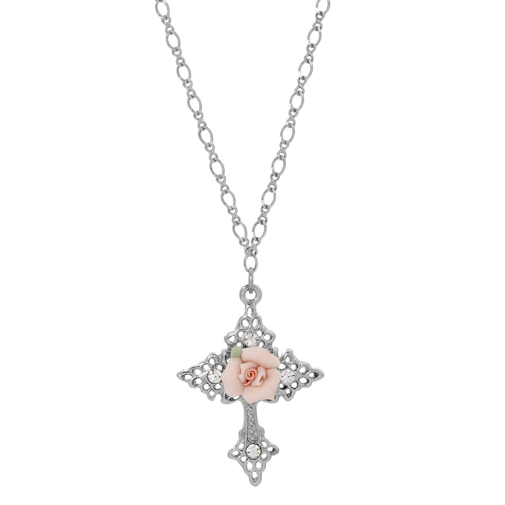 Crystal And Porcelain Rose Cross Pendant Necklace 18 Inches