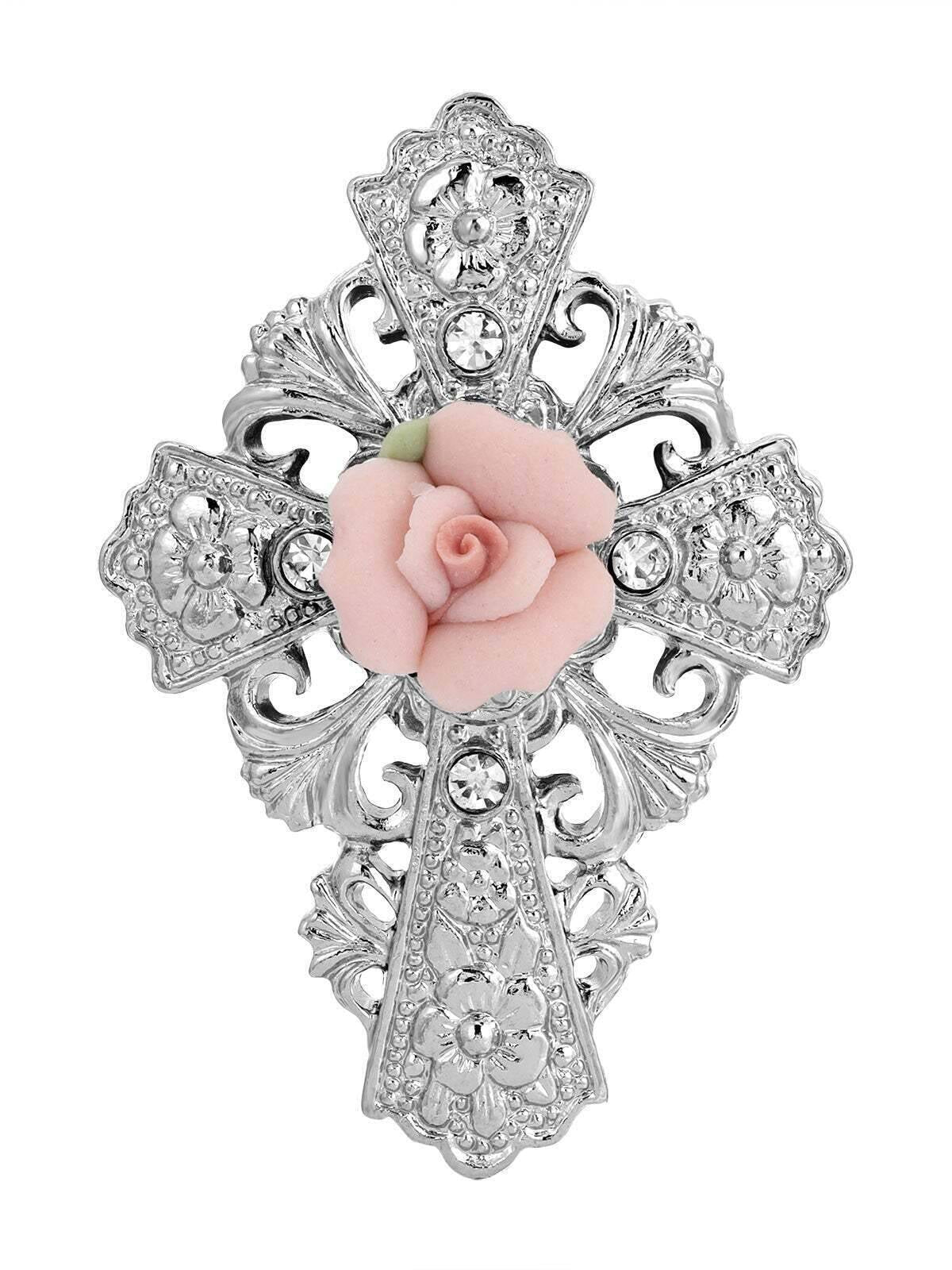 Symbols Of Faith Floral And Crystal Accent Pink Porcelain Rose Cross Pin