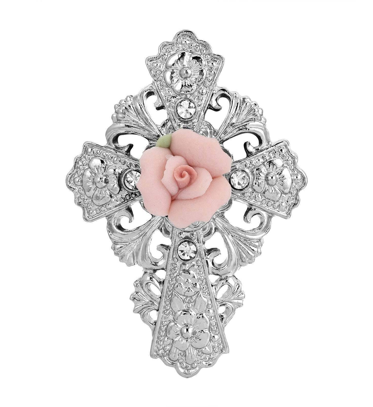 Symbols Of Faith Floral And Crystal Accent Pink Porcelain Rose Cross Pin