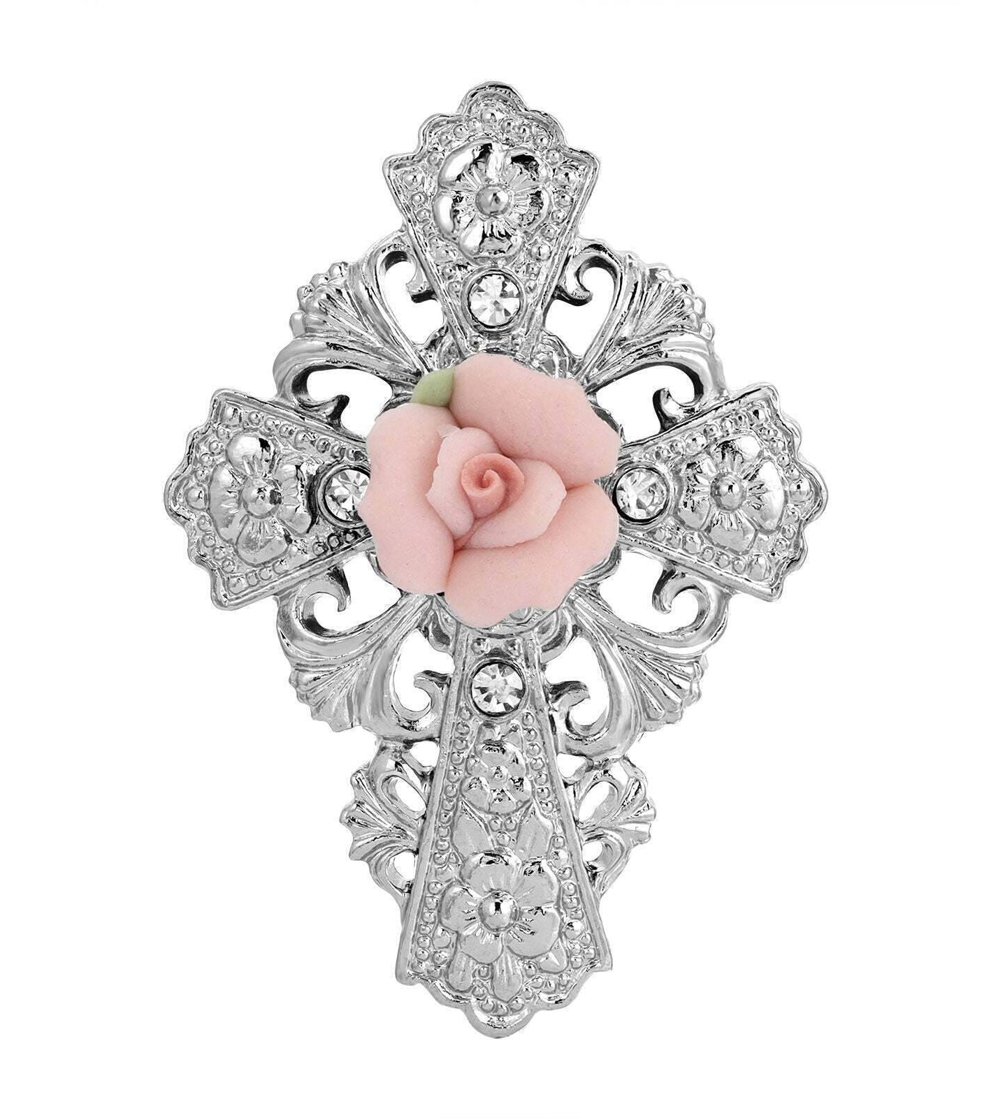 Symbols Of Faith Floral And Crystal Accent Pink Porcelain Rose Cross Pin