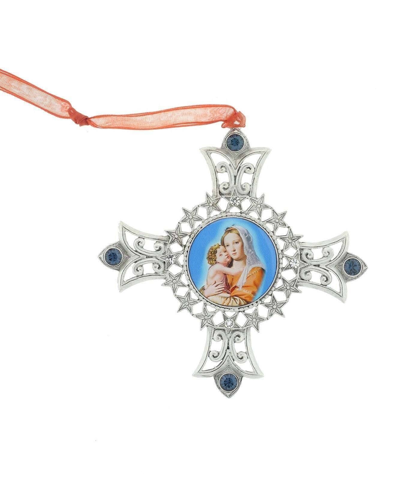 Symbols Of Faith Cross & Mother And Child Decal Blue European Crystals Hanging Christmas Tree Ornament