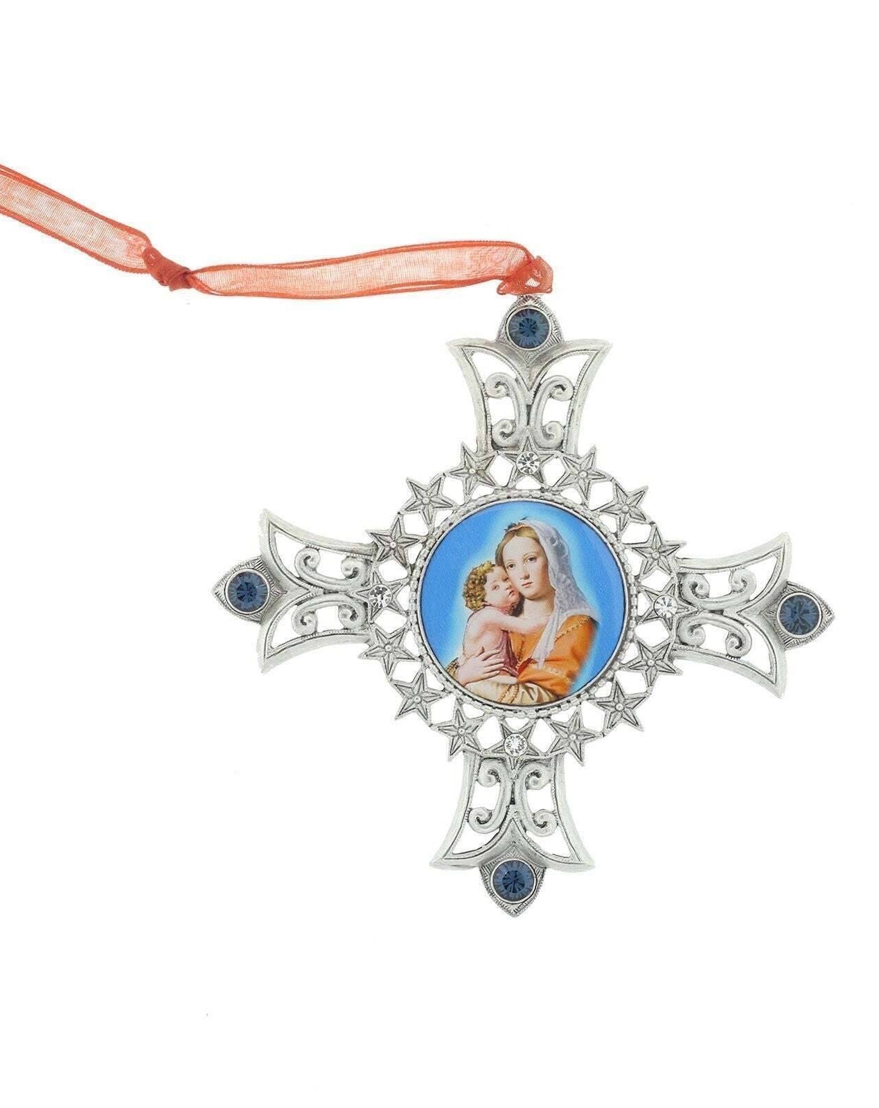 Symbols Of Faith Cross & Mother And Child Decal Blue European Crystals Hanging Christmas Tree Ornament
