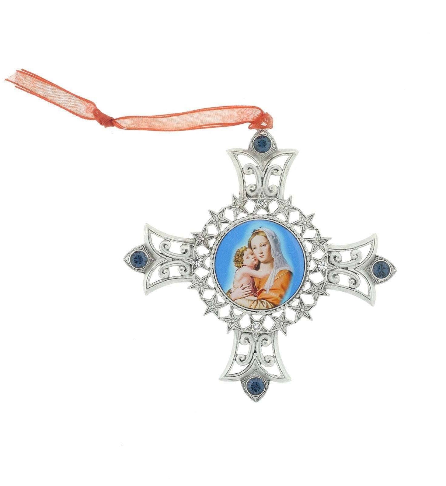 Symbols Of Faith Cross & Mother And Child Decal Blue European Crystals Hanging Christmas Tree Ornament