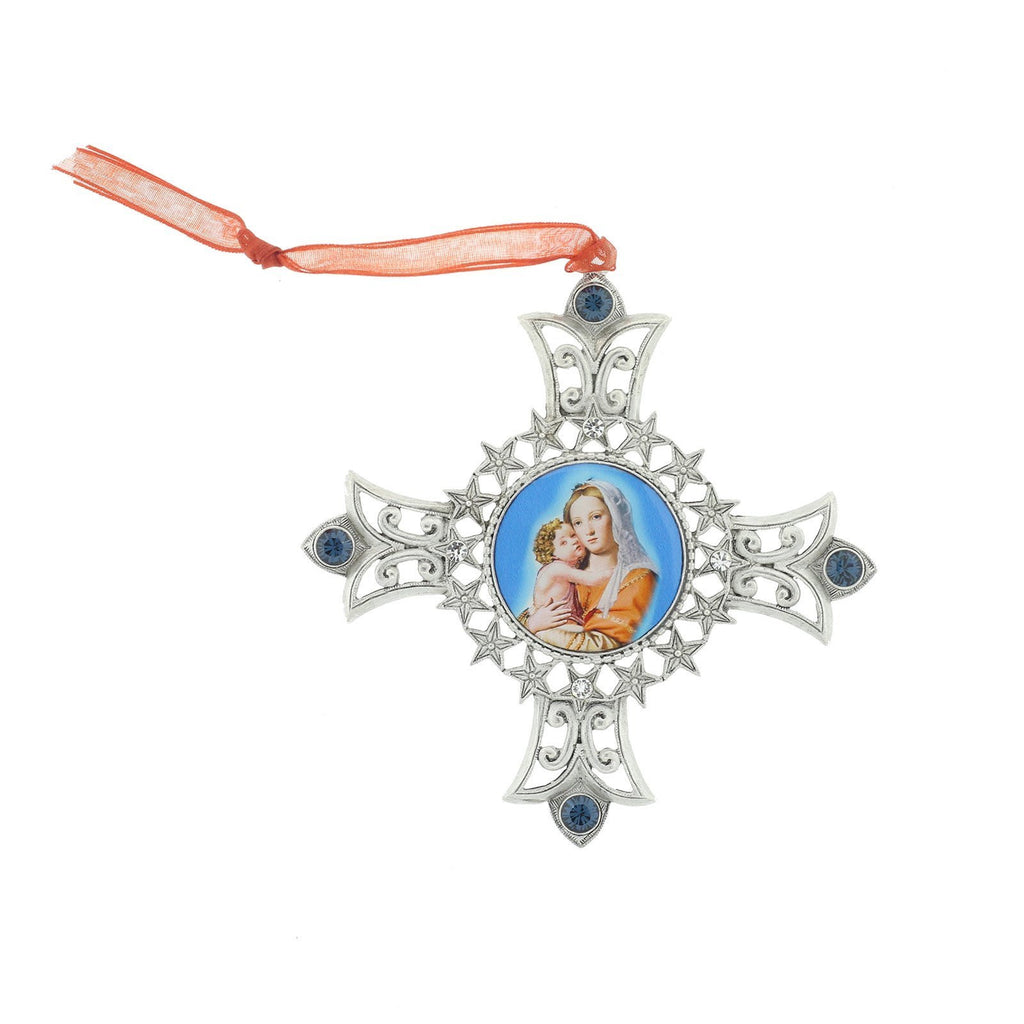 Silver Tone Mother And Child Decal Cross Ornament With Blue Crystal Accents