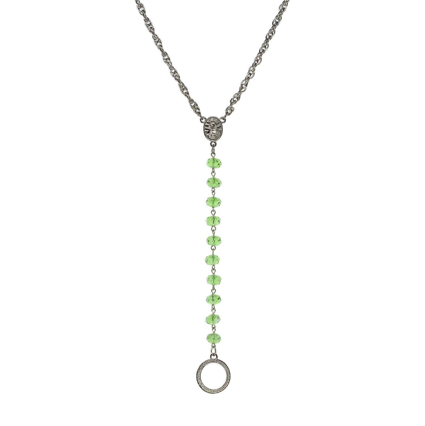 Symbols Of Faith Mary Medallion Crystal Rosary Badge And Eyeglass Holder Y-Necklace 16" + 3" Extender