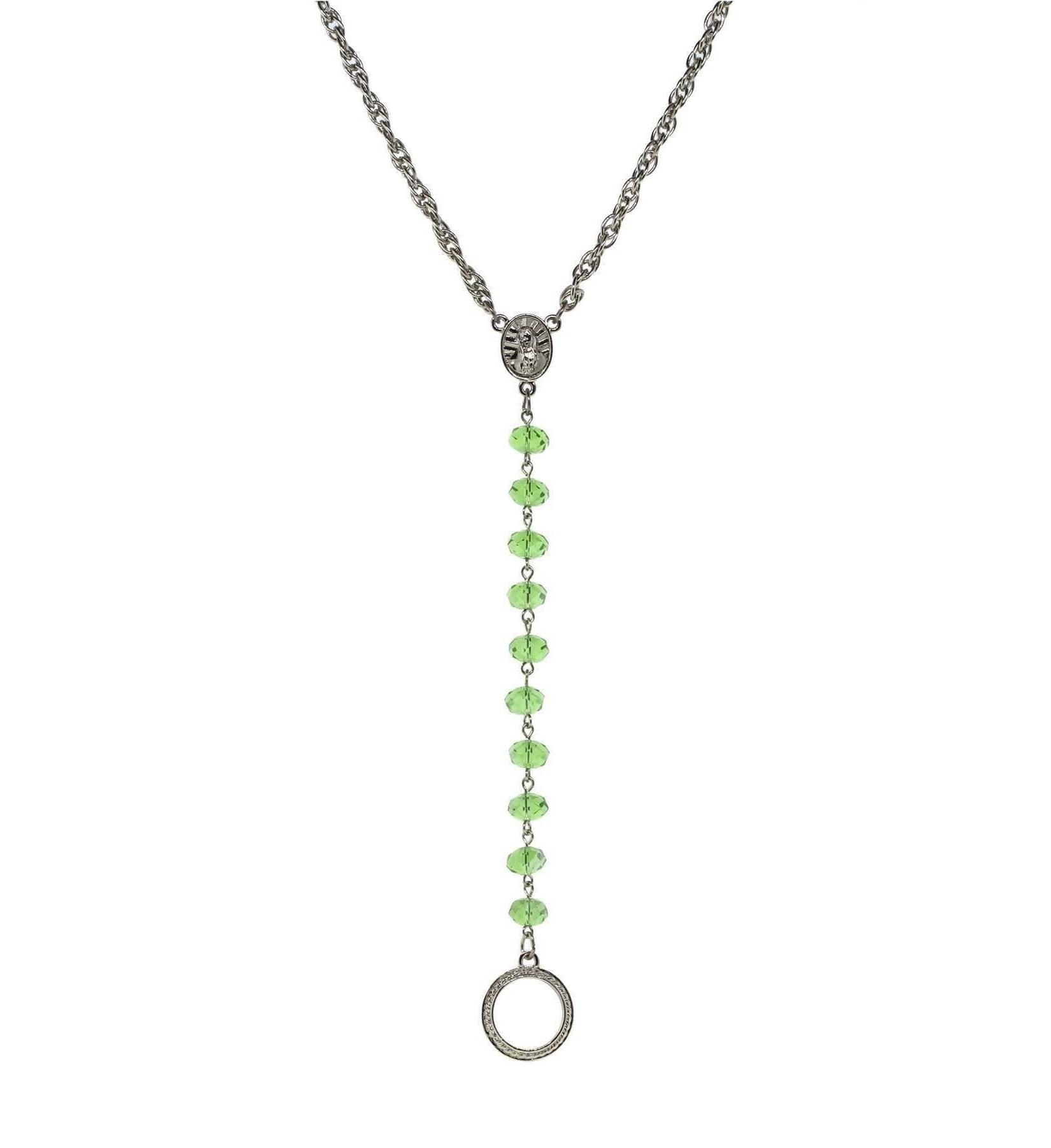 Symbols Of Faith Mary Medallion Crystal Rosary Badge And Eyeglass Holder Y-Necklace 16" + 3" Extender