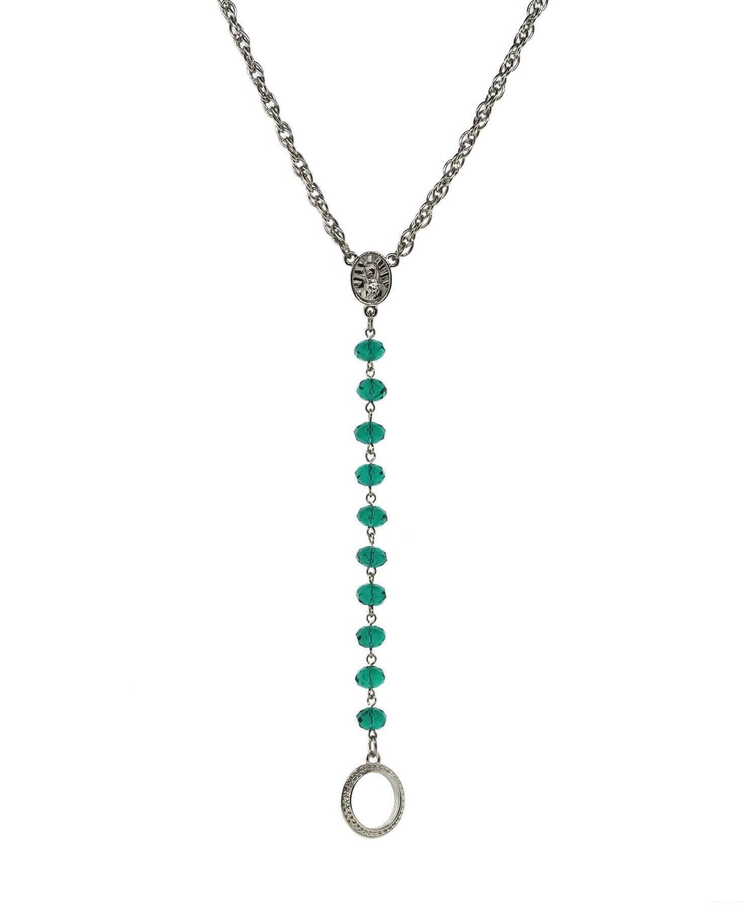 Symbols Of Faith Mary Medallion Crystal Rosary Badge And Eyeglass Holder Y-Necklace 16" + 3" Extender