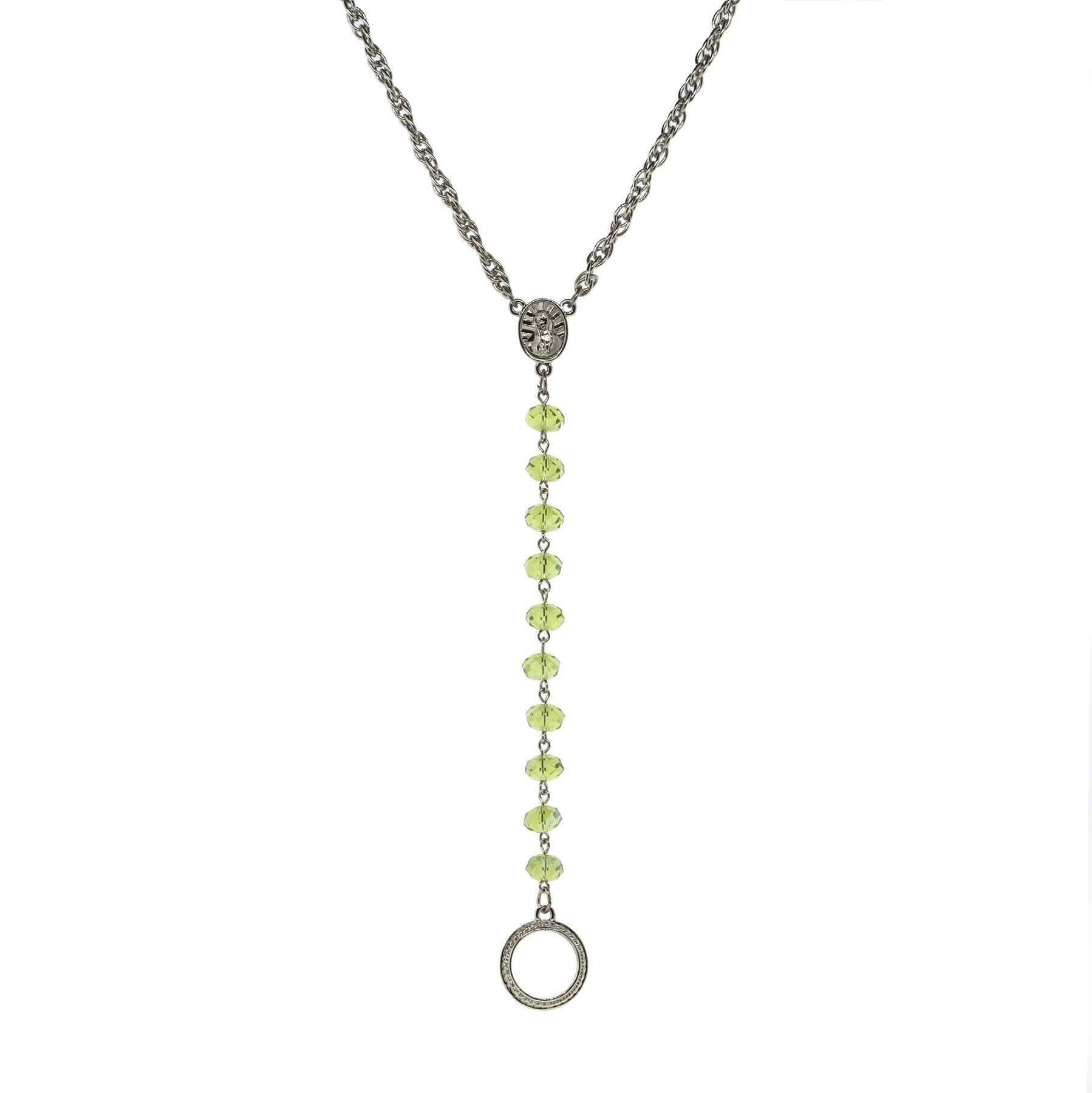 Symbols Of Faith Mary Medallion Crystal Rosary Badge And Eyeglass Holder Y-Necklace 16" + 3" Extender