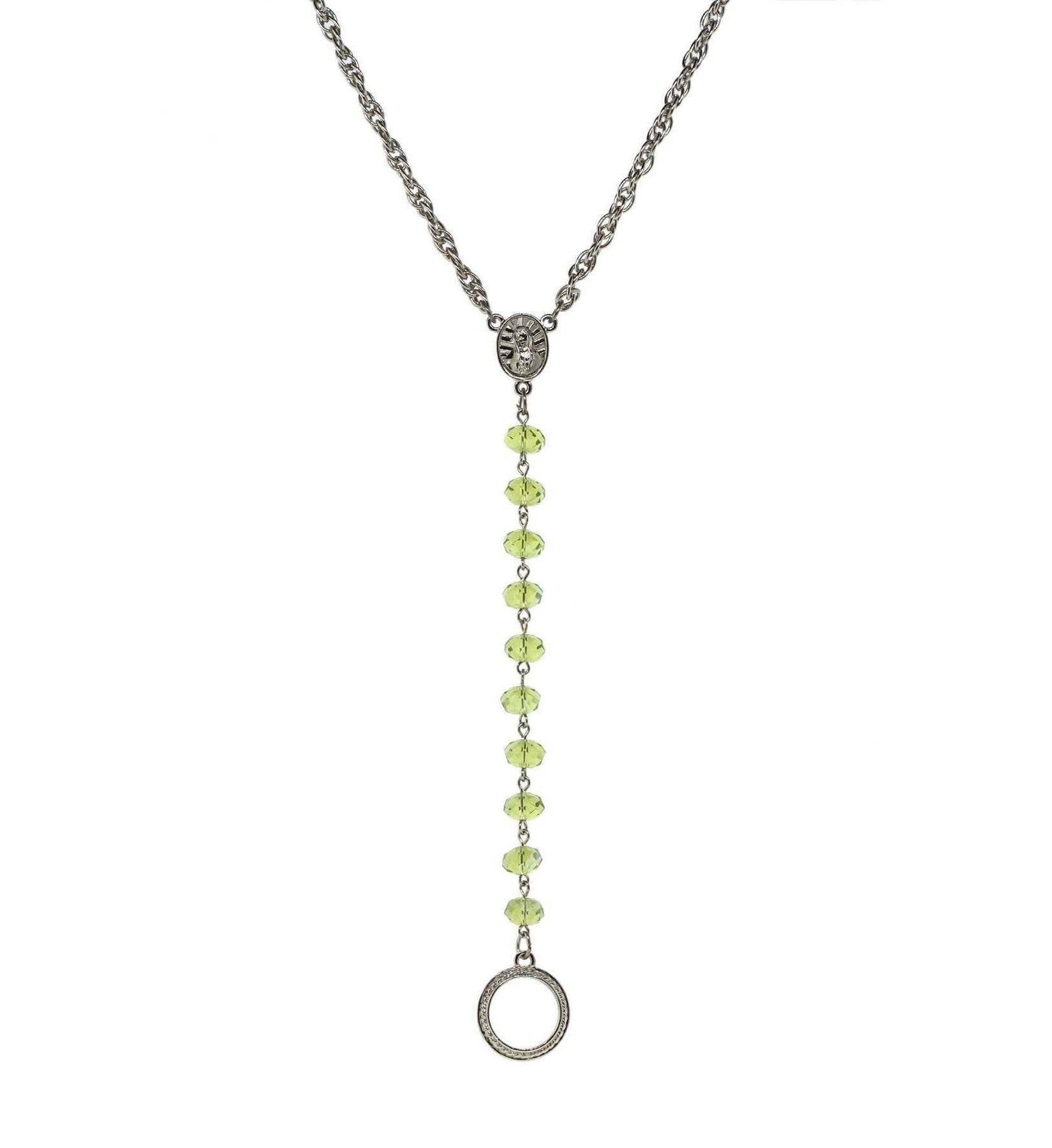 Symbols Of Faith Mary Medallion Crystal Rosary Badge And Eyeglass Holder Y-Necklace 16" + 3" Extender