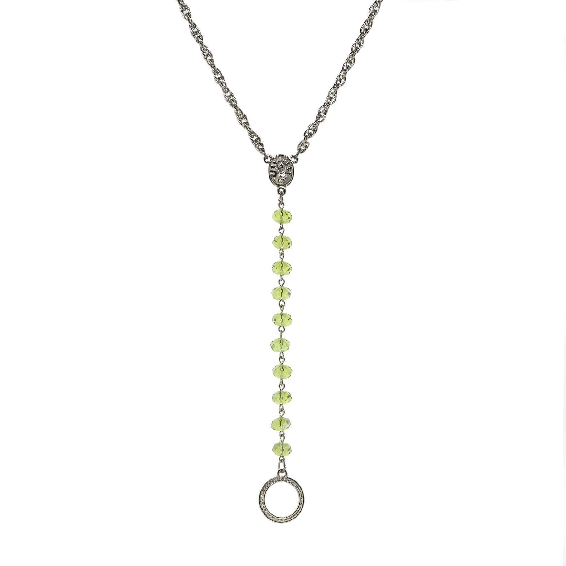 Symbols Of Faith Mary Medallion Crystal Rosary Badge And Eyeglass Holder Y-Necklace 16" + 3" Extender