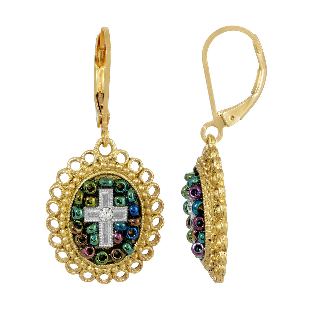 14K Gold Dipped Multi Color Seeded Beads & Crystal Cross Drop Earring