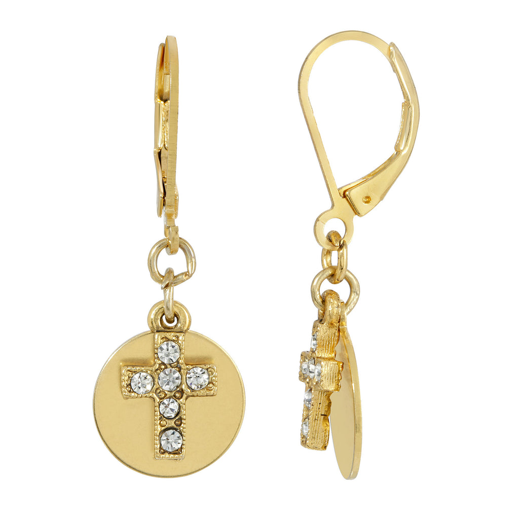 14K Gold Dipped Crystal Cross With Round Disc Earrings