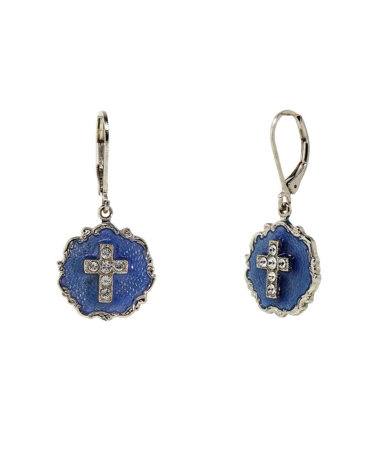 Symbols of Faith Blue Enamel Crystal Cross Round Earrings