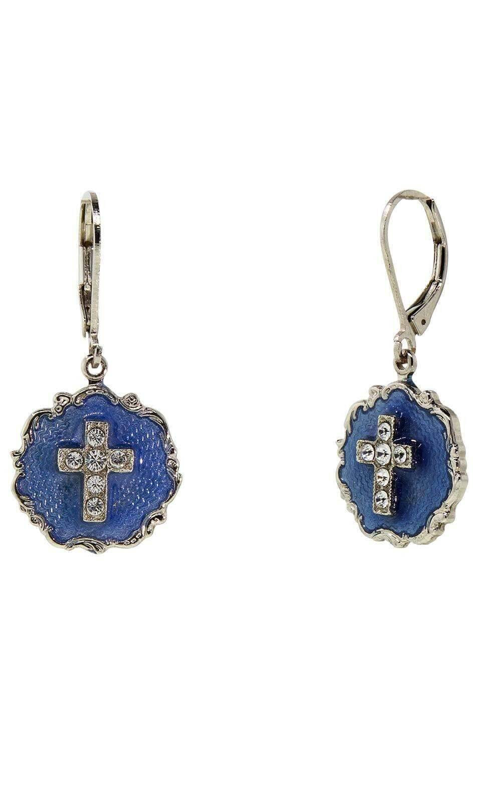 Symbols of Faith Blue Enamel Crystal Cross Round Earrings