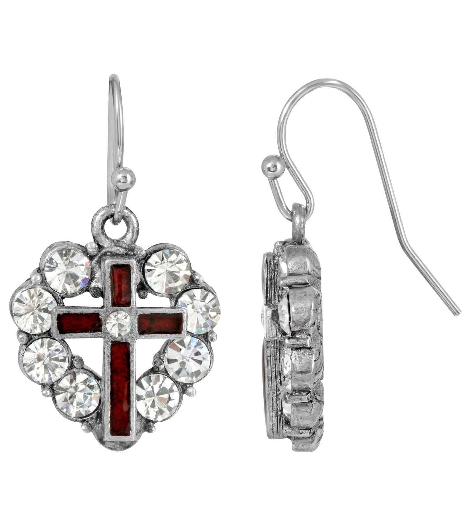 Symbols of Faith Pewter Heart Shaped Crystal Stones & Enamel Cross Earrings