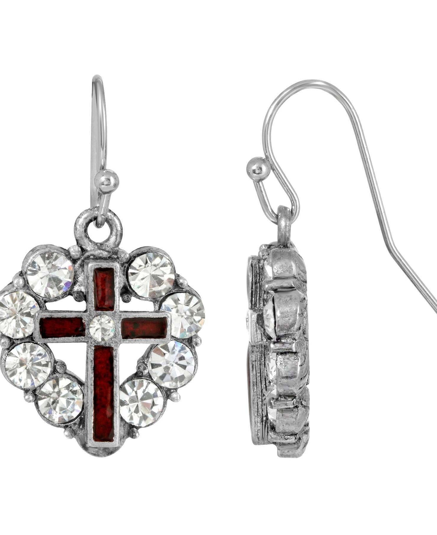 Symbols of Faith Pewter Heart Shaped Crystal Stones & Enamel Cross Earrings