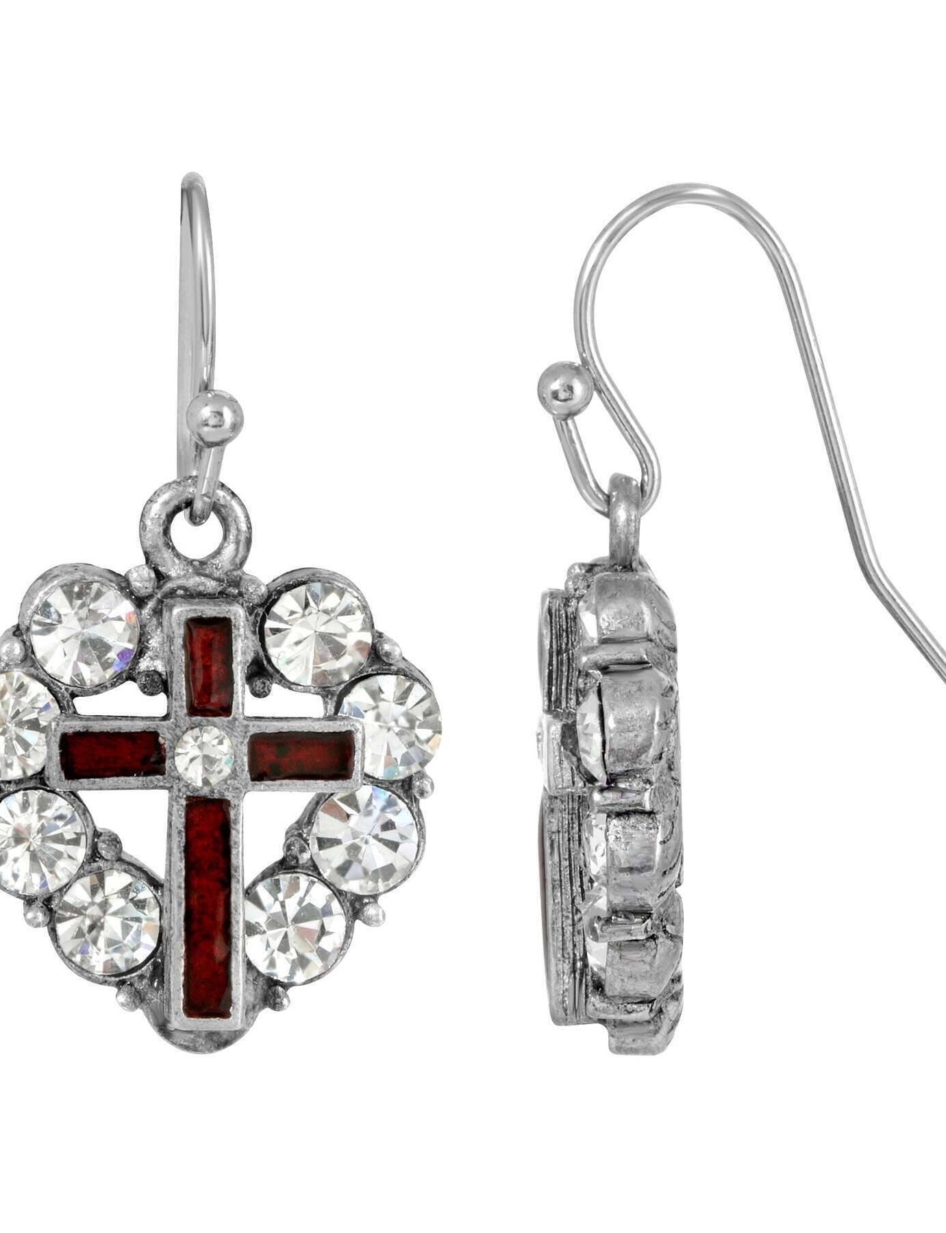 Symbols of Faith Pewter Heart Shaped Crystal Stones & Enamel Cross Earrings