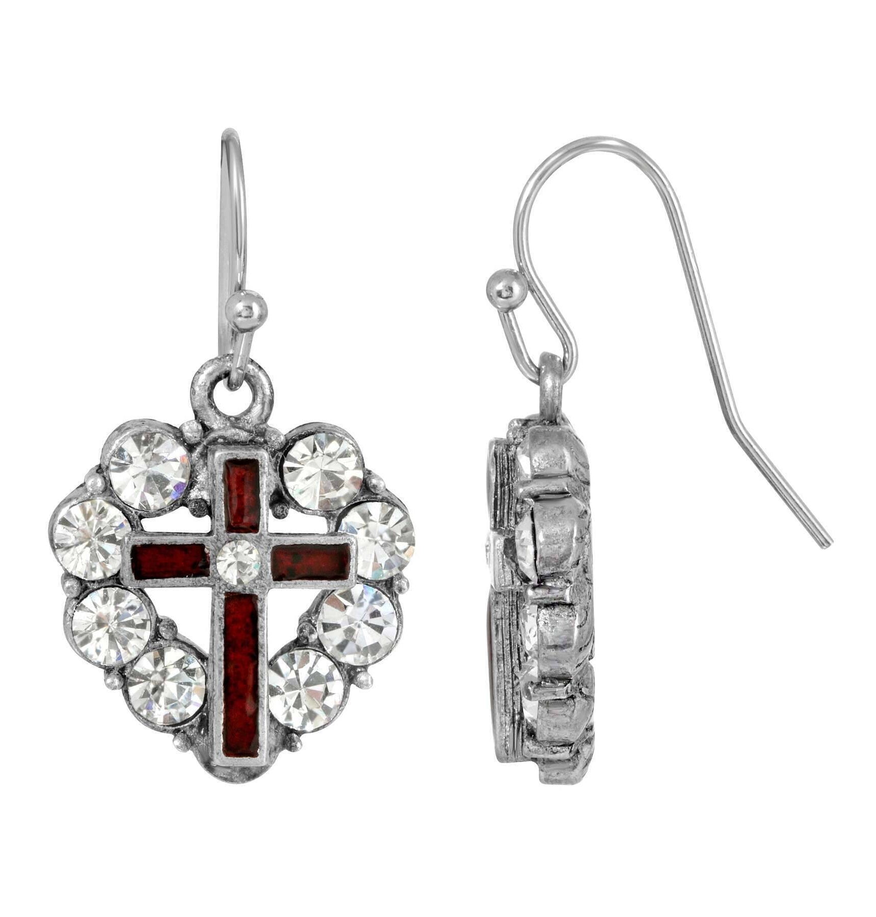Symbols of Faith Pewter Heart Shaped Crystal Stones & Enamel Cross Earrings
