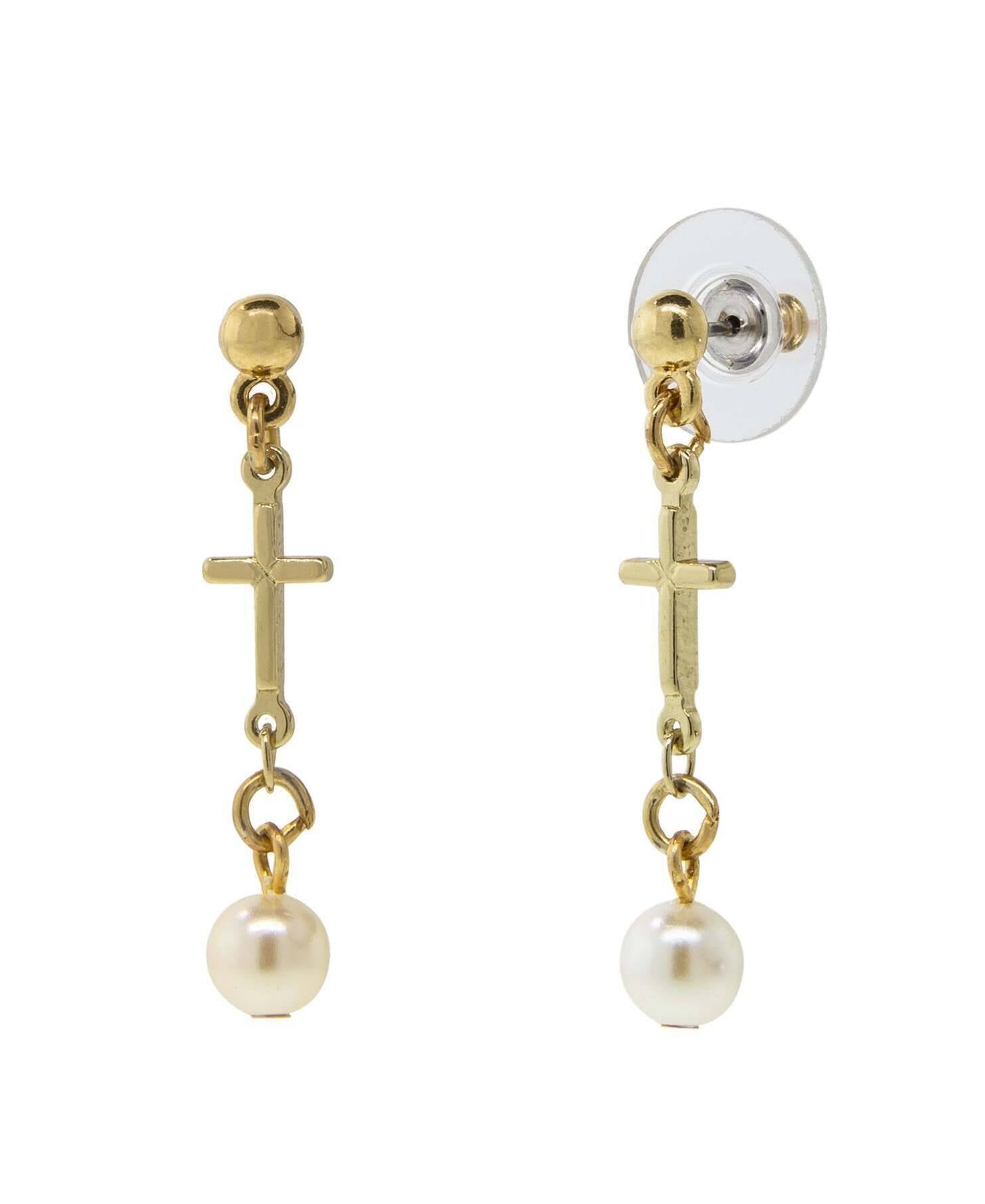 Symbols Of Faith Cross Drop White Faux Pearl Dangle Earrings